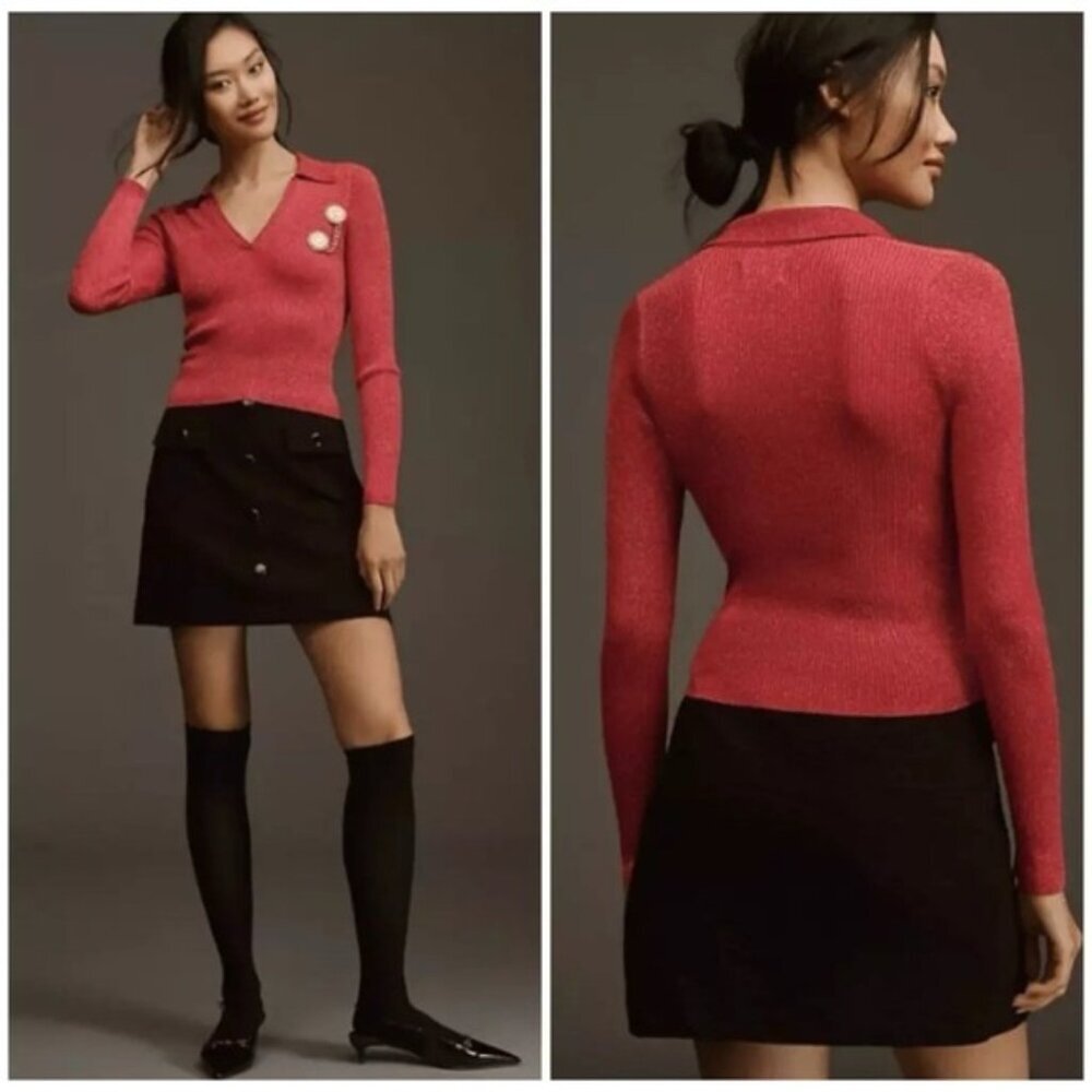 Maeve Anthropologie V-Neck Lurex Polo Sweater‎ MEDIUM Shiny Metallic Long Sleeve